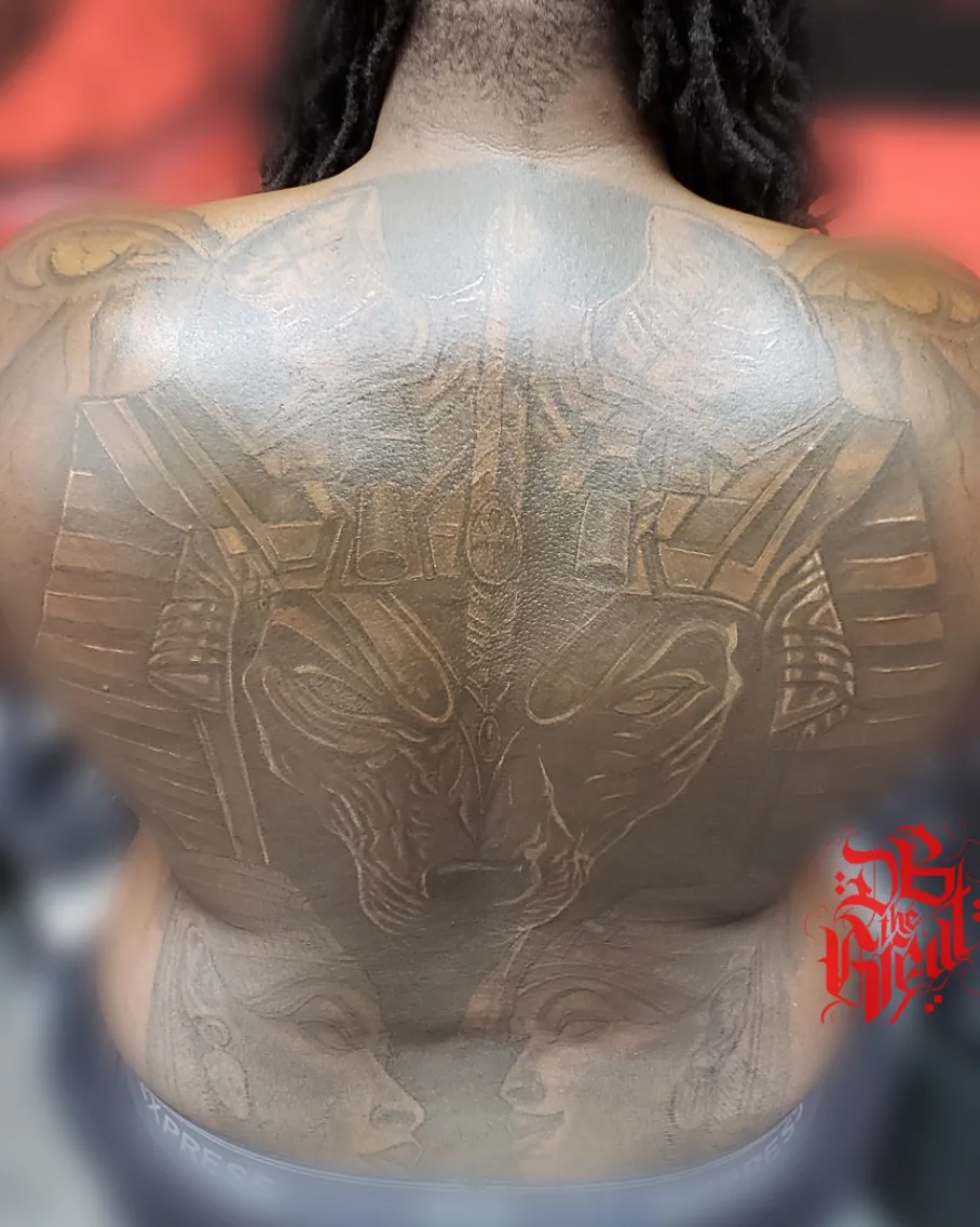 Pharaoh black and grey tattoo on the back by Dannie Blythewood