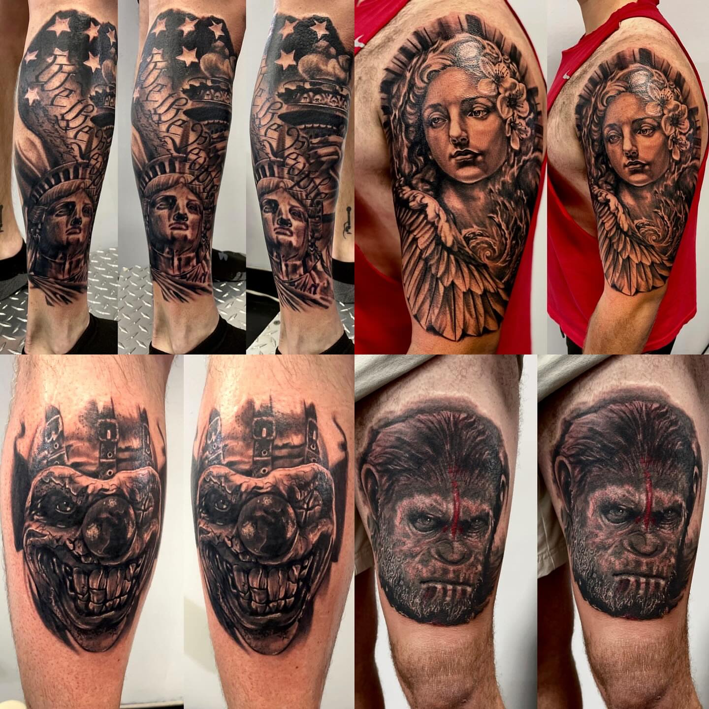 Statue of liberty black and grey tattoo on the upper arm by Tattoosbybeanz