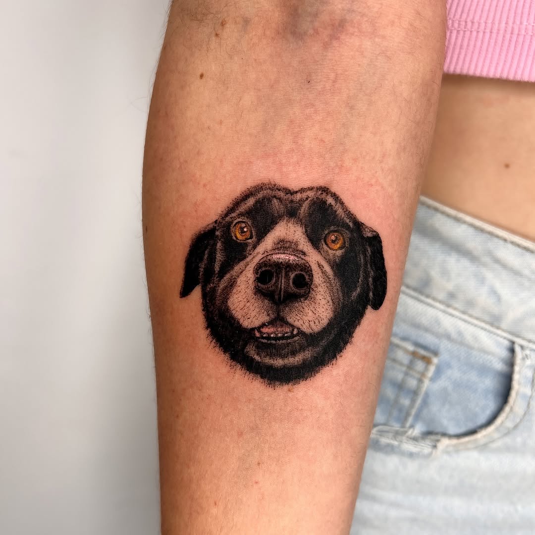 Dog portrait realism tattoo on the forearm by Eleana, North Miami, Florida
