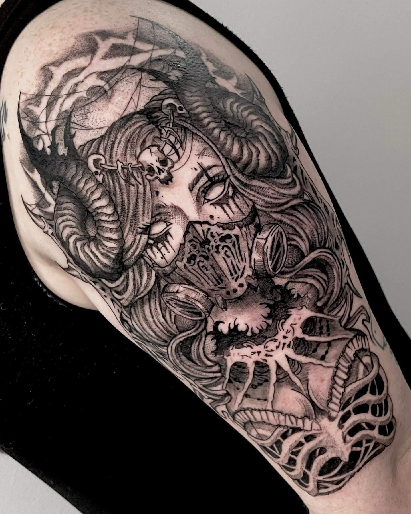 Woman with gas mask realism tattoo on the forearm by Kathryn the Tooth Collector