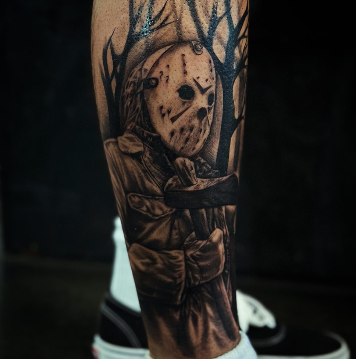 Jason voorhees realism tattoo on the forearm by audi