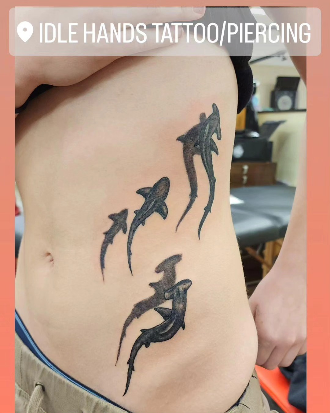 Sharks black and grey tattoo on the ribs by @thedevilspaintbrush_