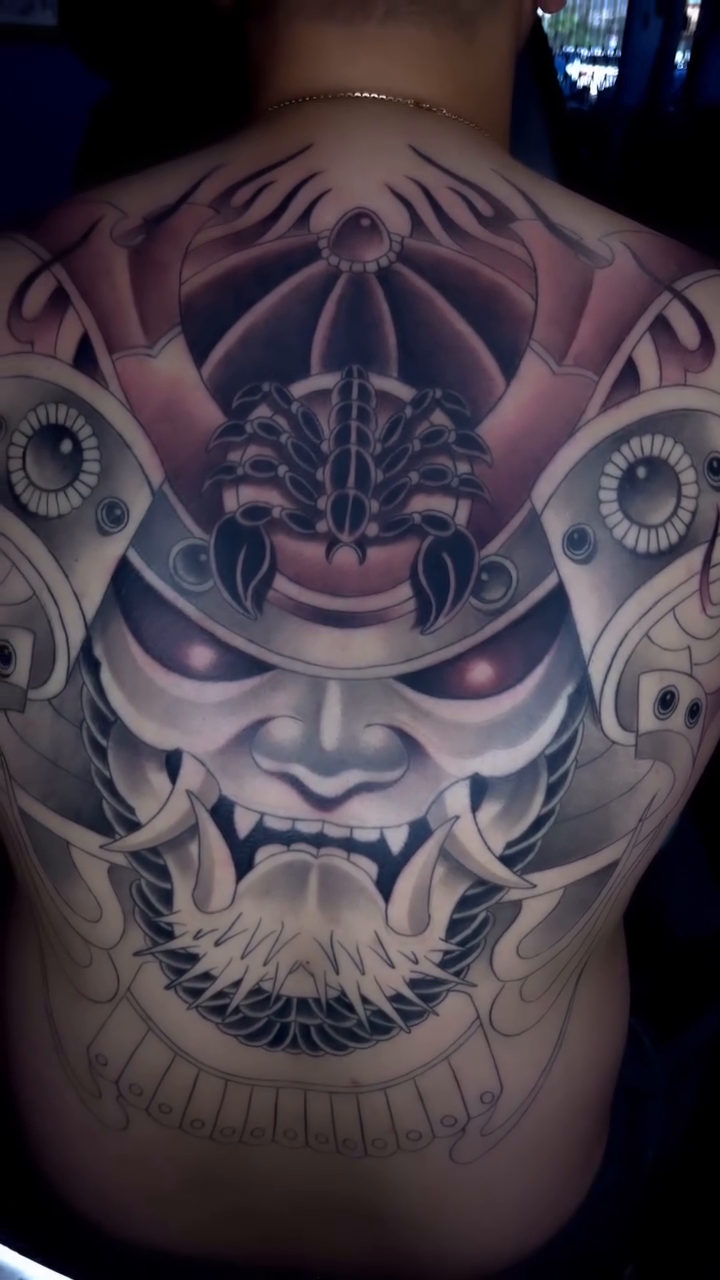 Oni mask with mechanical elements japanese irezumi tattoo by Tam Nguyen