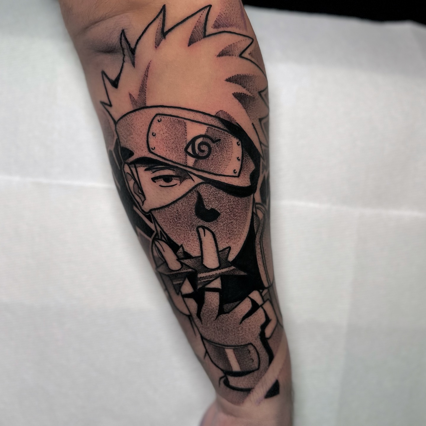 Naruto dotwork tattoo on the forearm by zackery simpson