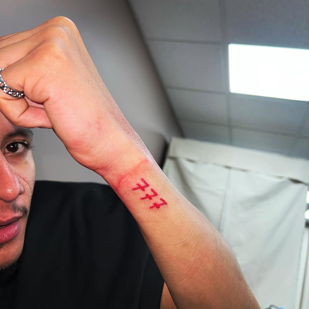 Numbers 777 minimalist tattoo on the forearm by Silky Inks NJ 201, North Haledon, New Jersey
