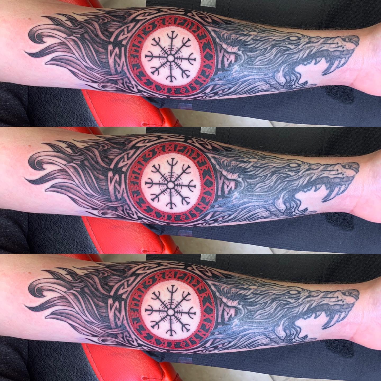 Wolf and viking symbol geometric tattoo on the forearm by @colorrobbie