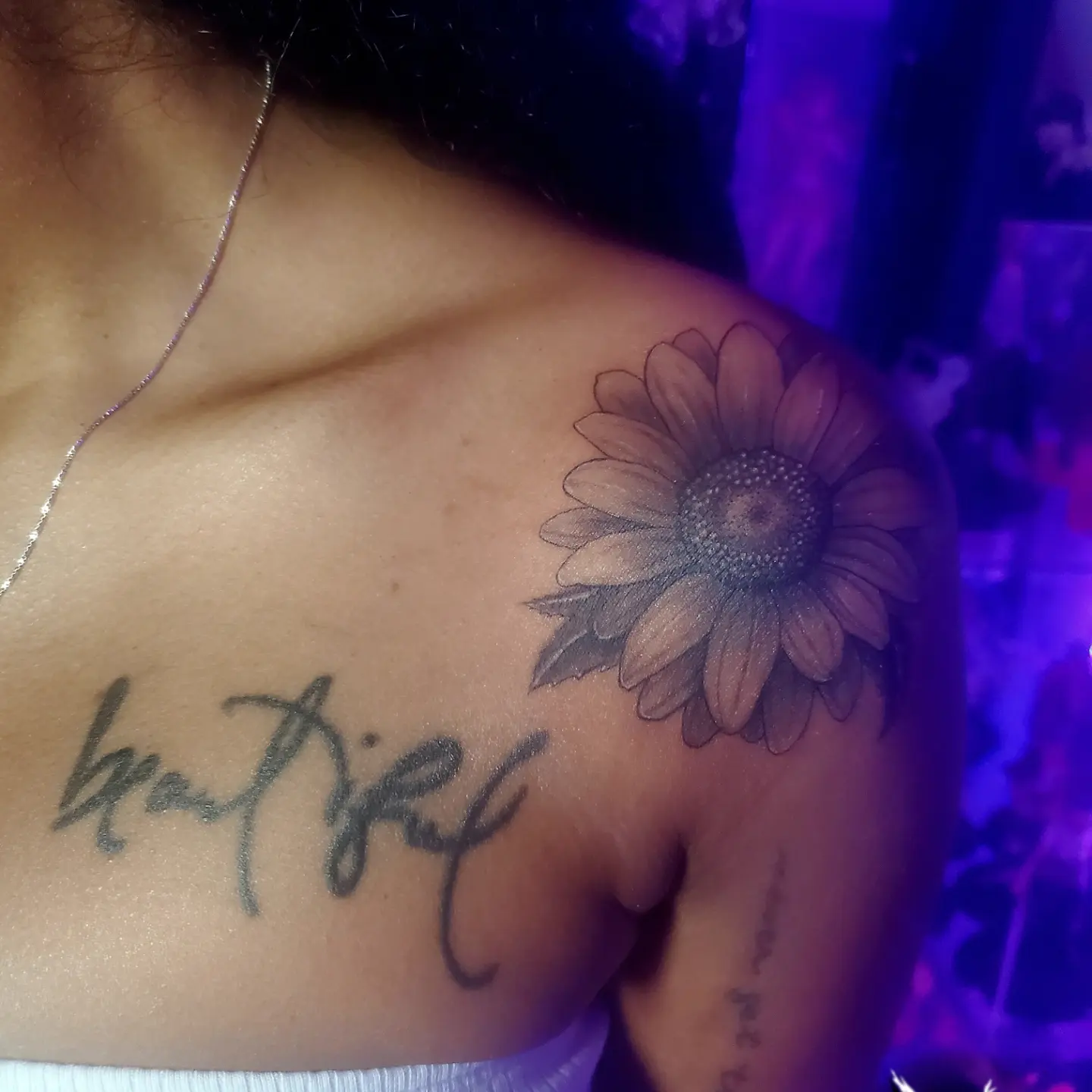 Sunflower black and grey tattoo on the shoulder by Joc