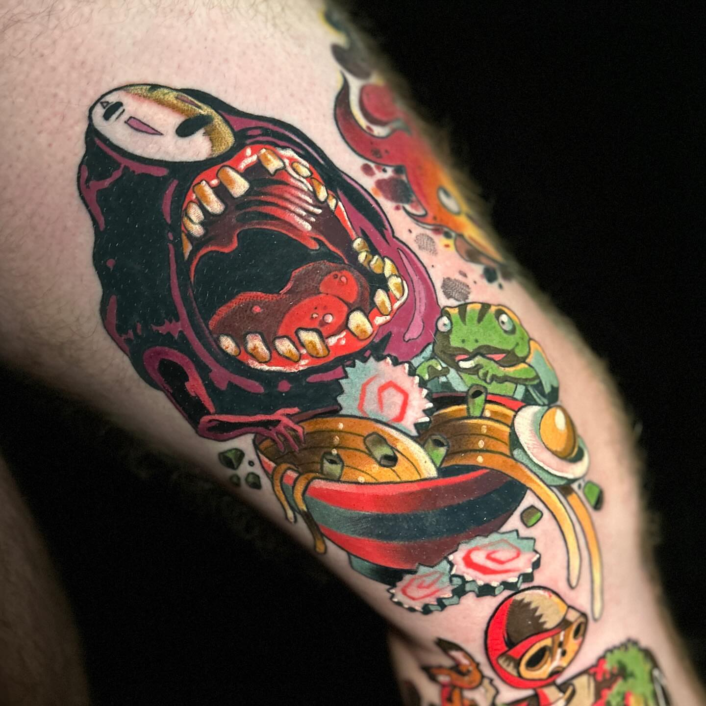 Zombie head with frog American traditional tattoo on the forearm by Rat Girl, Dayton, Ohio