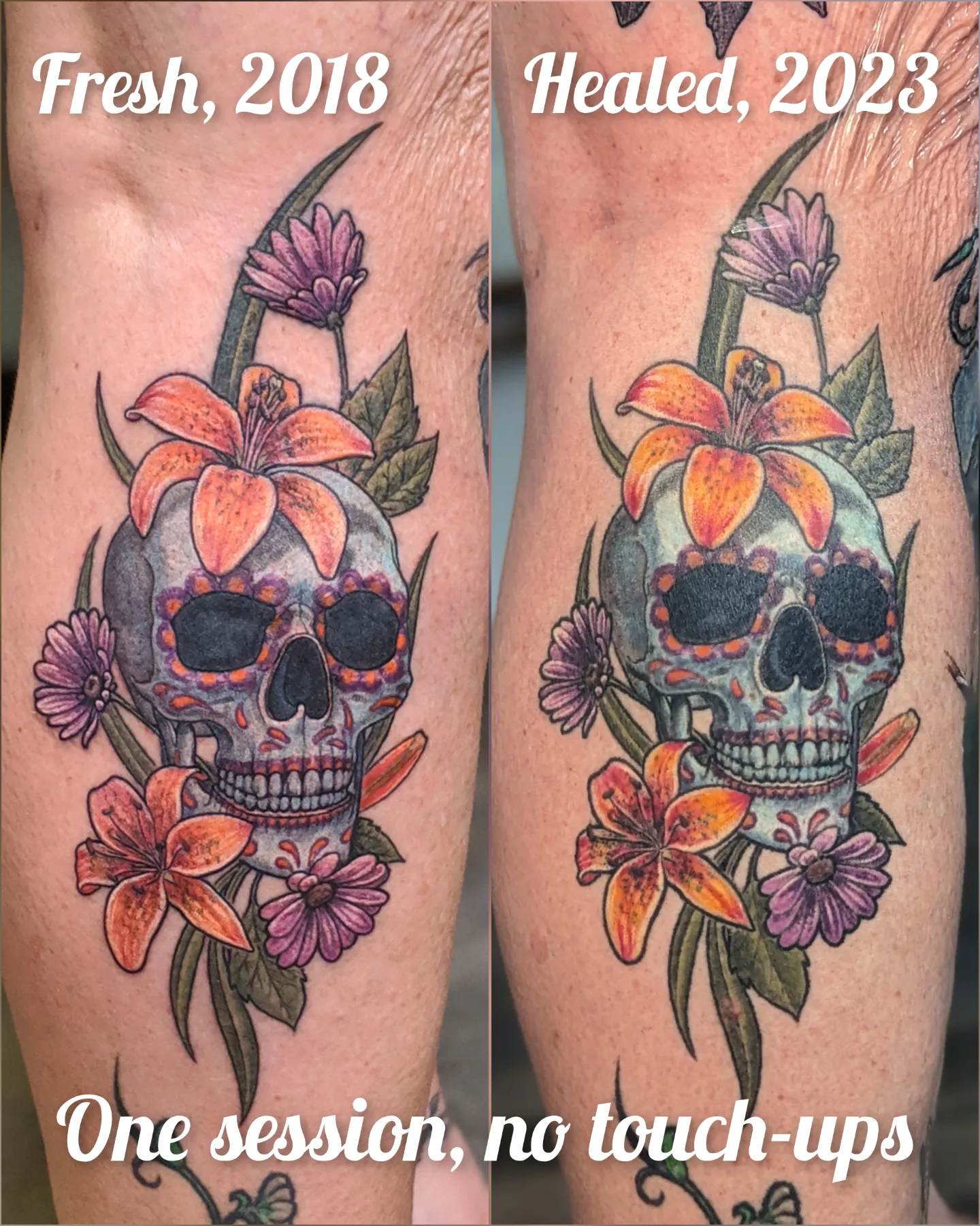 Skull with flowers new school tattoo on the forearm by Jay Trip
