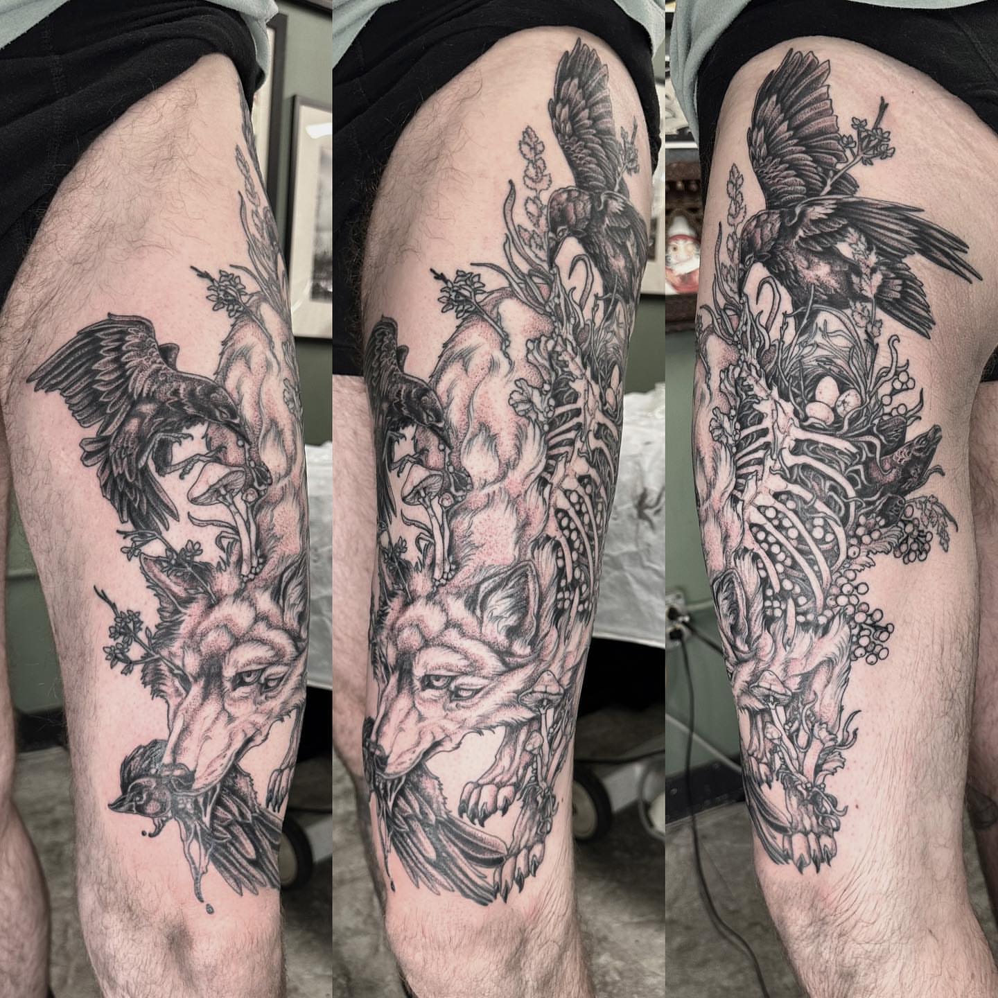 Wolf and eagle realism tattoo on the thigh by Cassidy Depew, Seattle, Washington