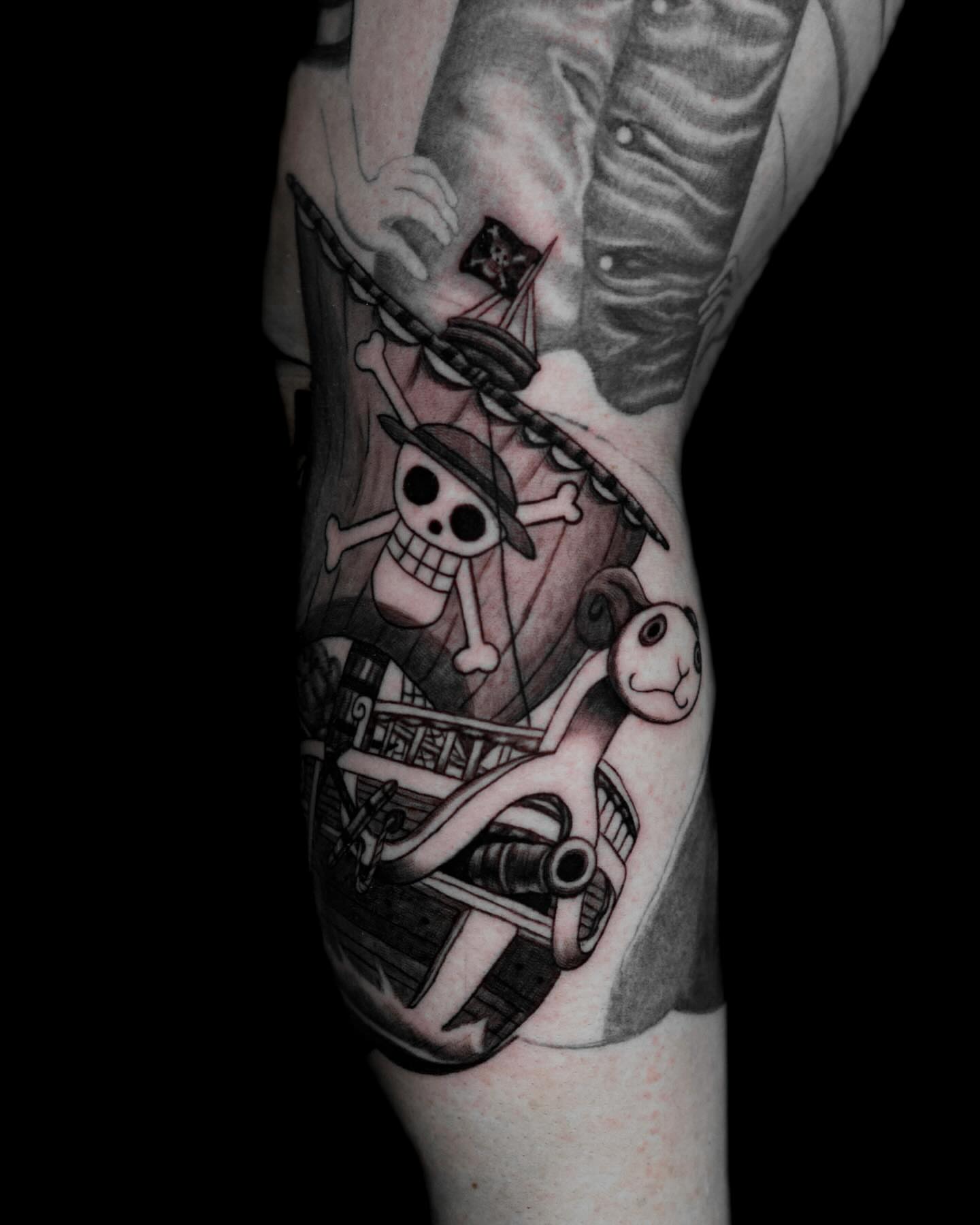 Pirate ship black and grey tattoo on the forearm by Tattoo Artist