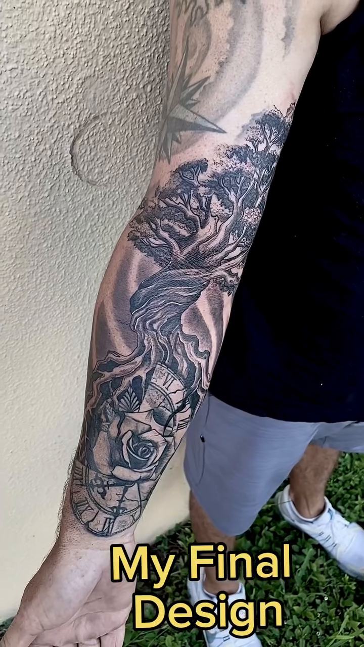 Tree with skull and compass realism tattoo by Juan Carlos