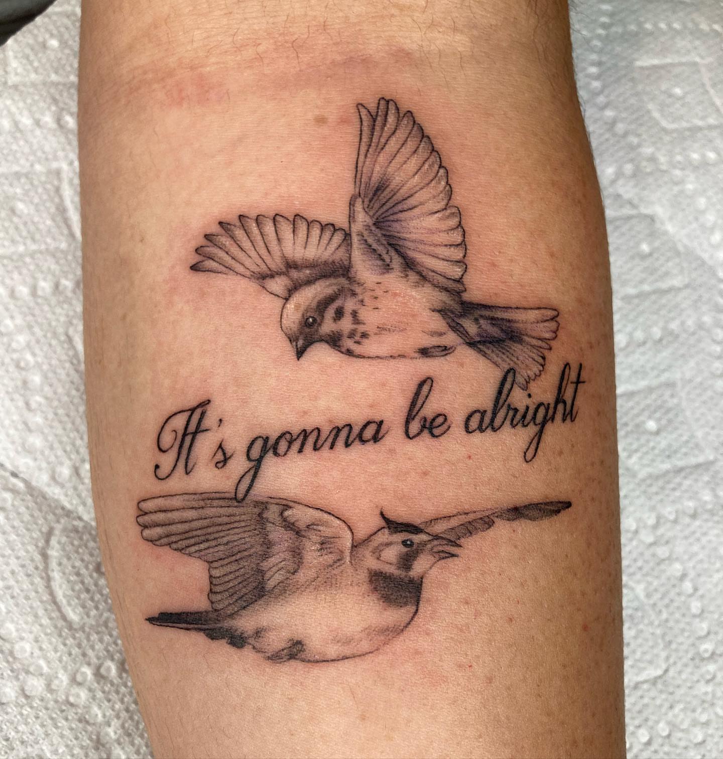 It's gonna be alright black and grey tattoo on the forearm by Hali Larkin