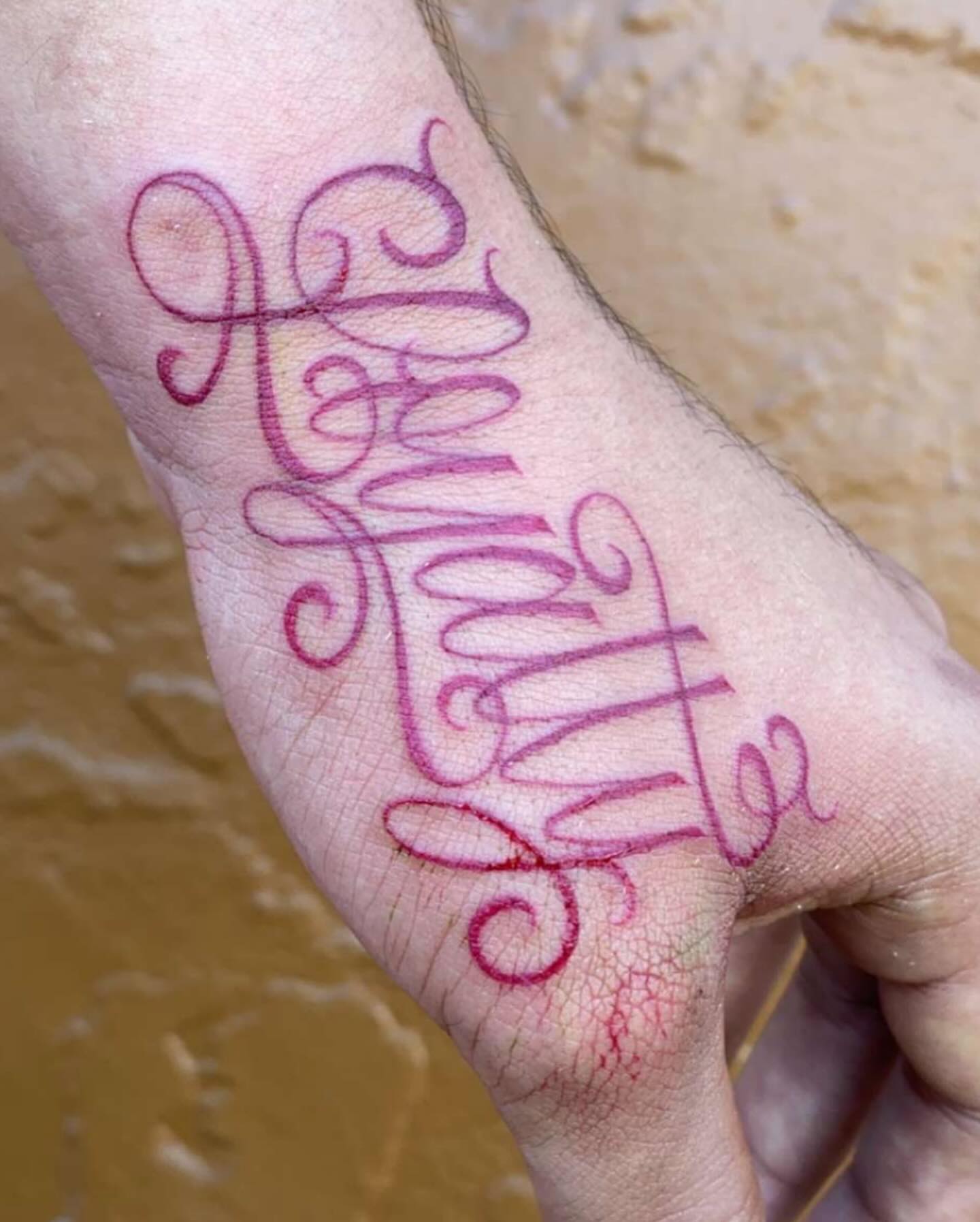 Script lettering lettering script tattoo on the hand by El Pato, San Jose, California