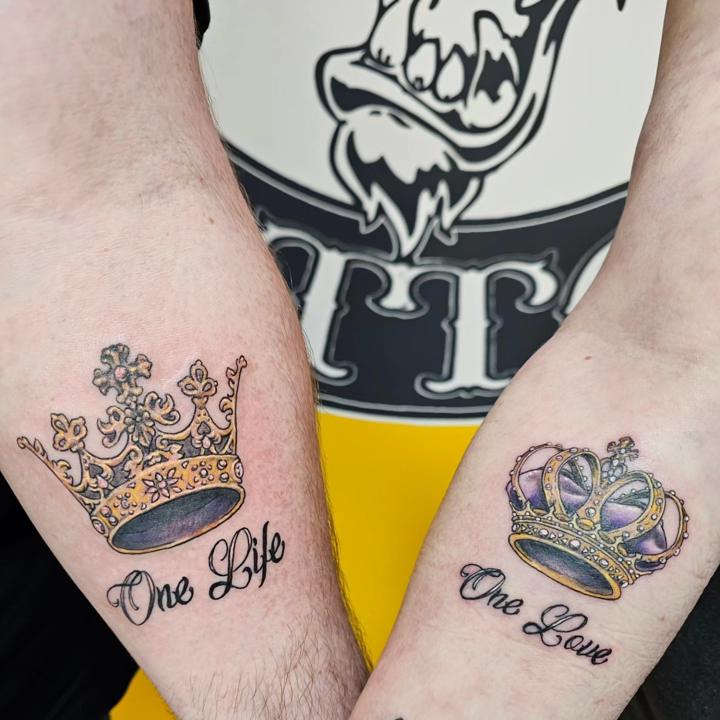 Crowns realism tattoo on the forearm by Mike Stamper