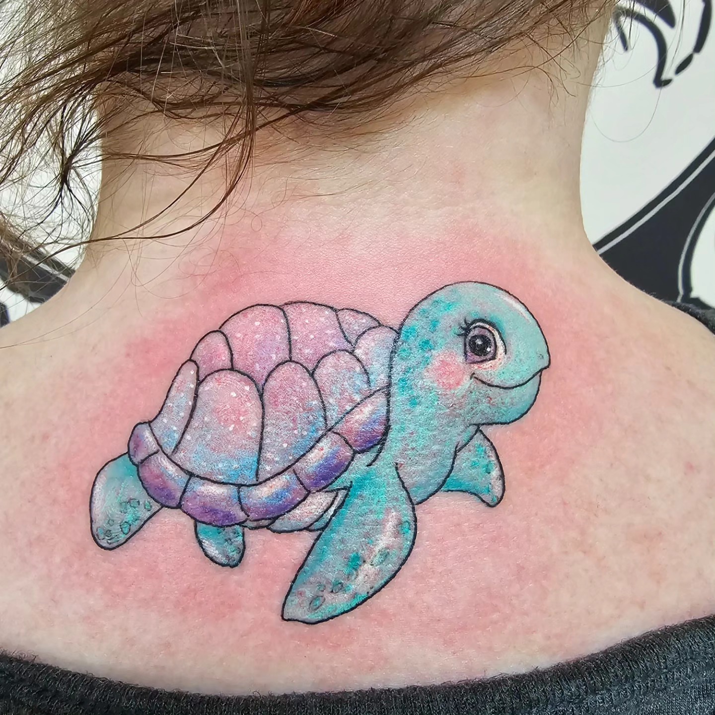 Sea turtle dotwork tattoo on the neck by Mike Stamper