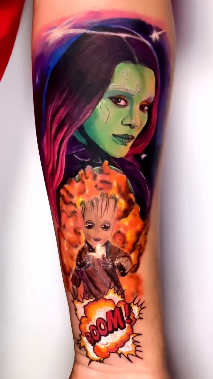 Gamora and Groot realism tattoo by Mishel Castro
