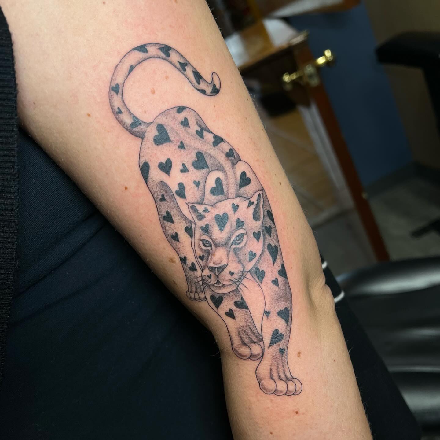 Leopard dotwork tattoo on the forearm by ⛓ Emily ⚔️ Milja ⛓