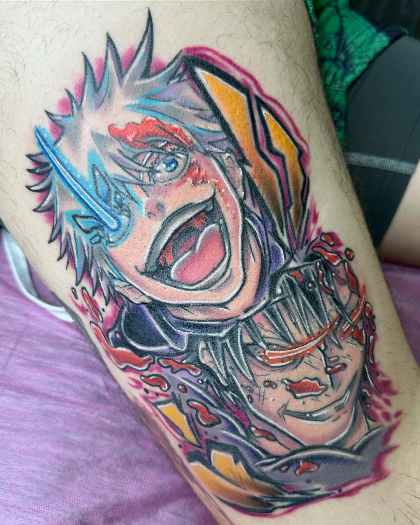 Anime character anime tattoo on the thigh by Jeremy Thomas