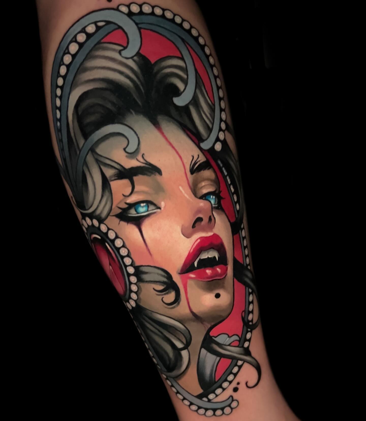 Vampire woman portrait neo-traditional tattoo on the forearm by Andrey
