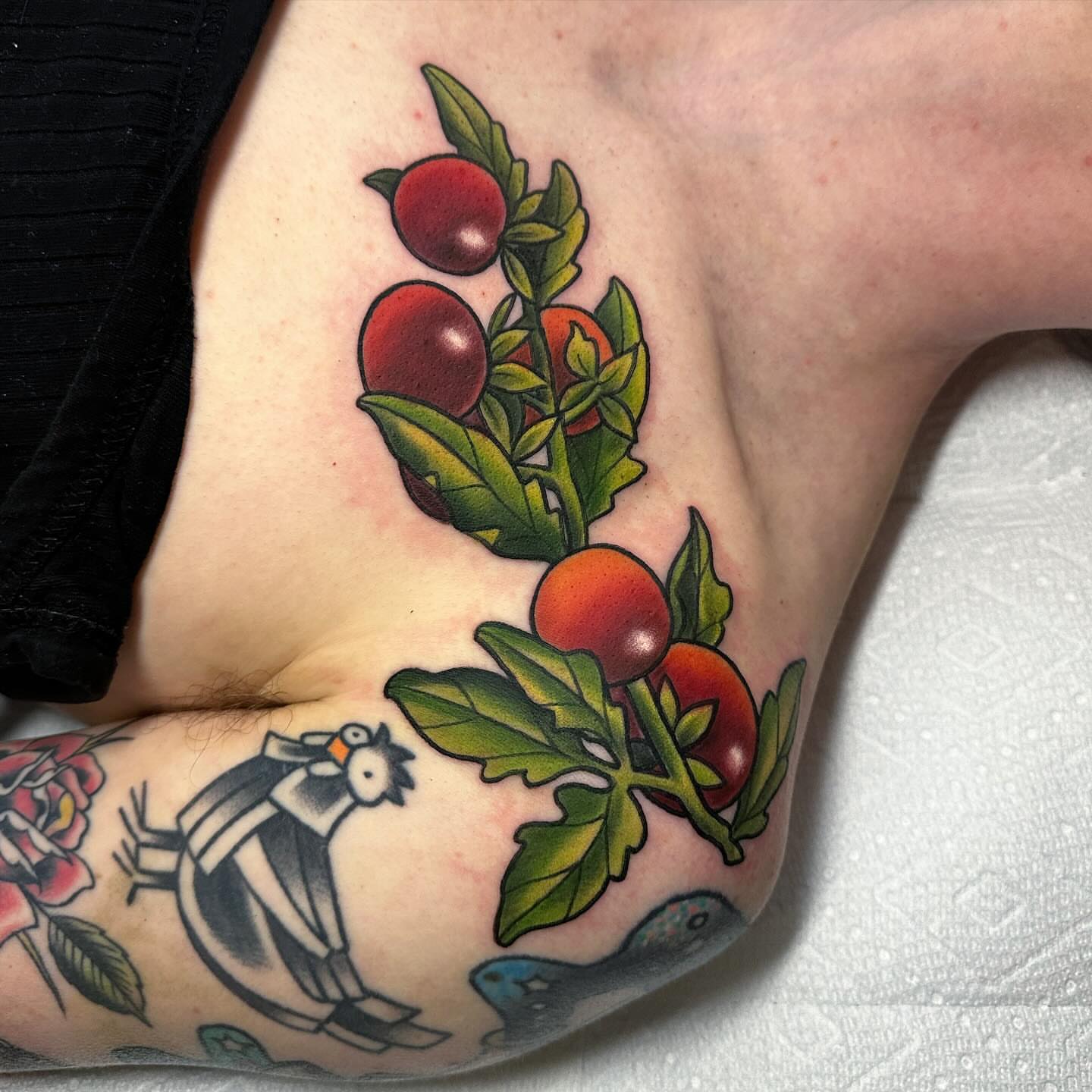 Tomato plant American traditional tattoo on the forearm by ✨Sarah Knapp✨, Eugene, Oregon