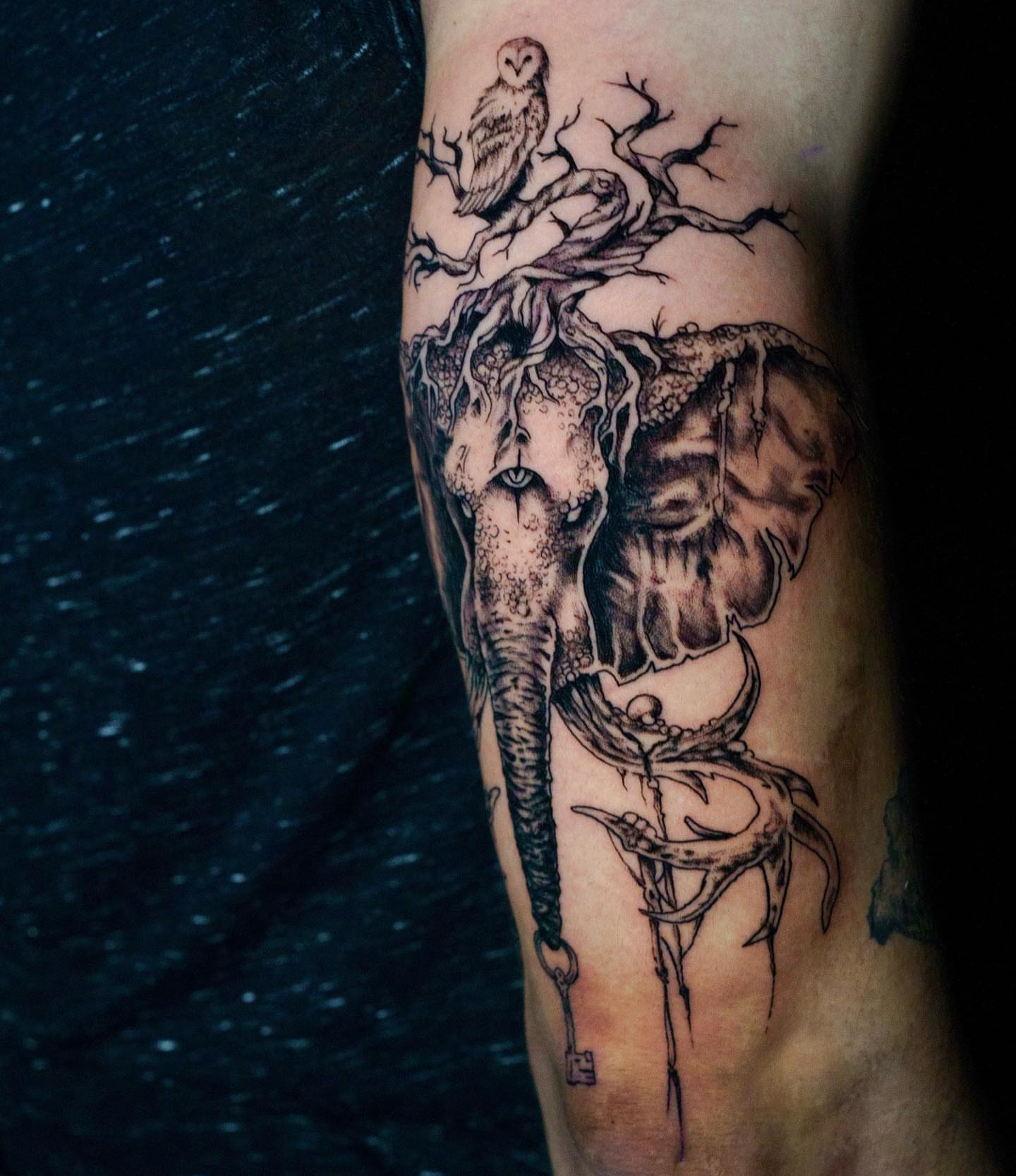 Elephant and tree realism tattoo on the forearm by Nate Masi