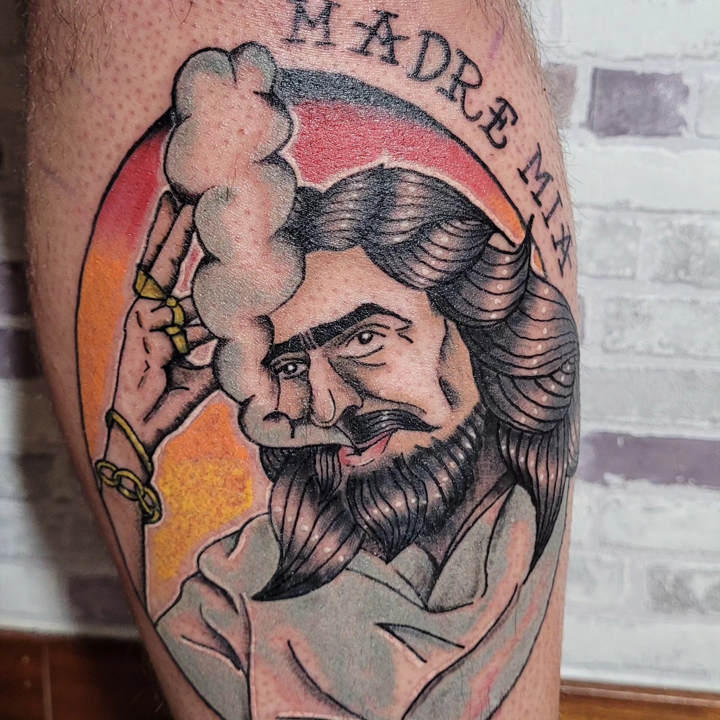 Religious figure American traditional tattoo on the forearm by Gonzalo Pantona