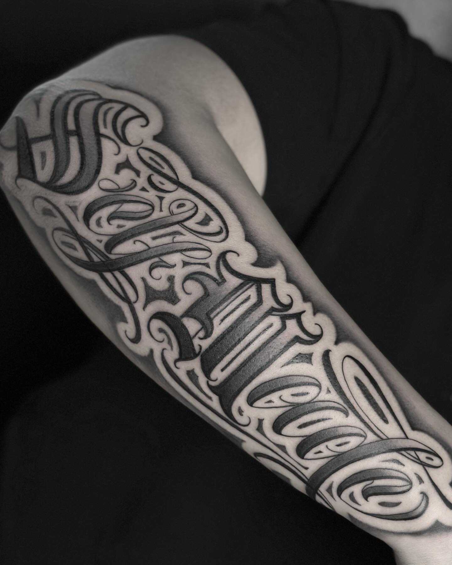Script lettering lettering script tattoo on the forearm by Miguel Saucedo