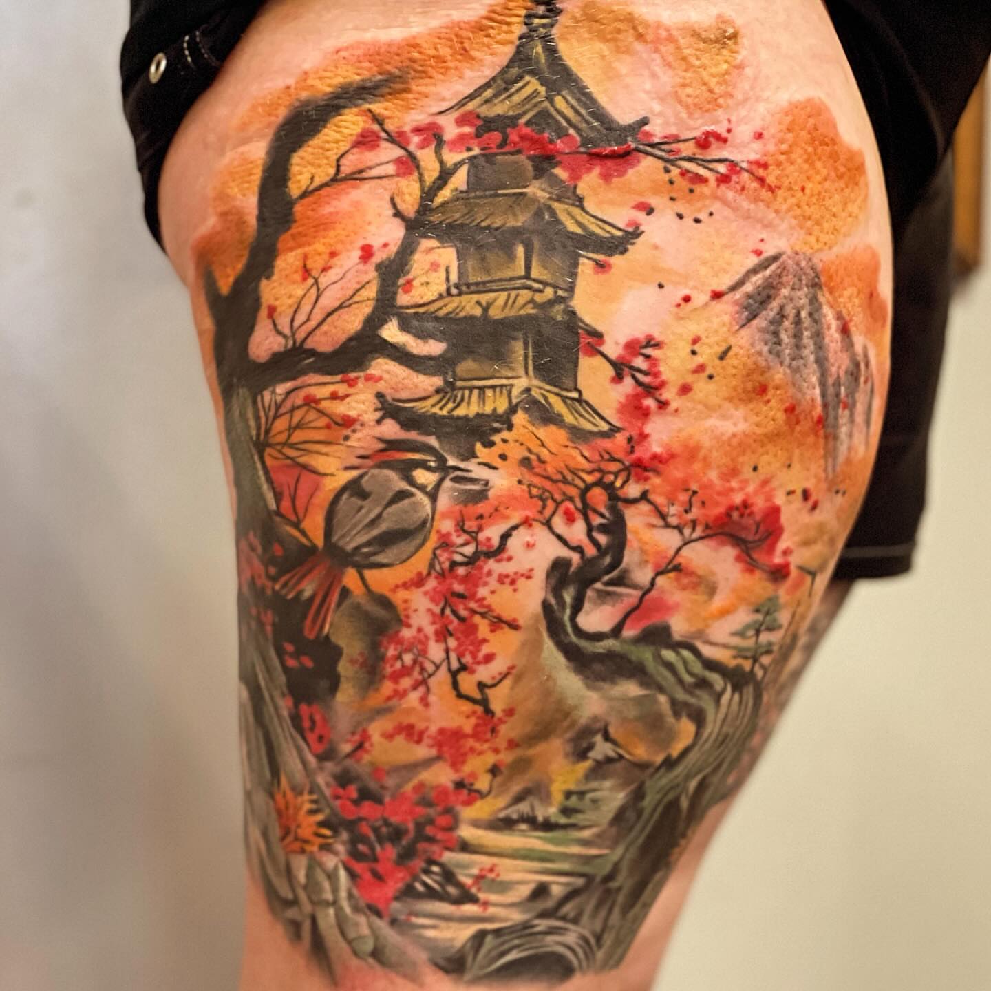 Autumn landscape watercolor tattoo on the thigh by 💀good To the Grave💀