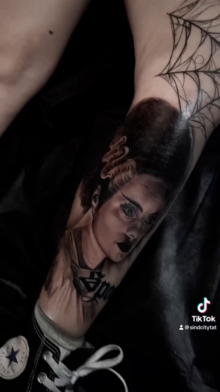 Bride of Frankenstein portrait realism tattoo by Las Vegas Tattoo Artist