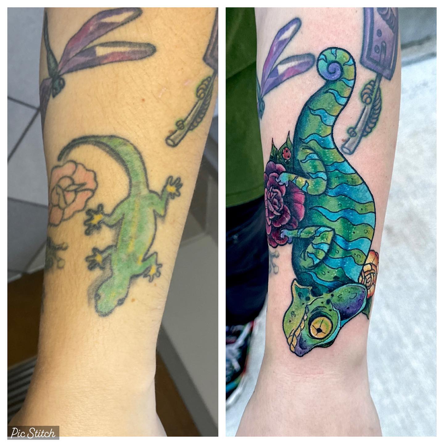 Gecko new school tattoo on the forearm by manda, Lebanon, Ohio