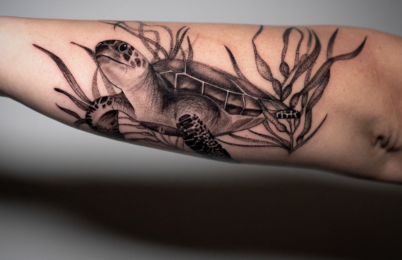 Sea turtle realism tattoo on the forearm by all gas no brakes! no days off!