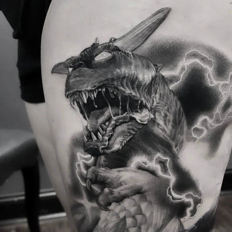 Demon dark realism tattoo on the thigh by Dani Ryan