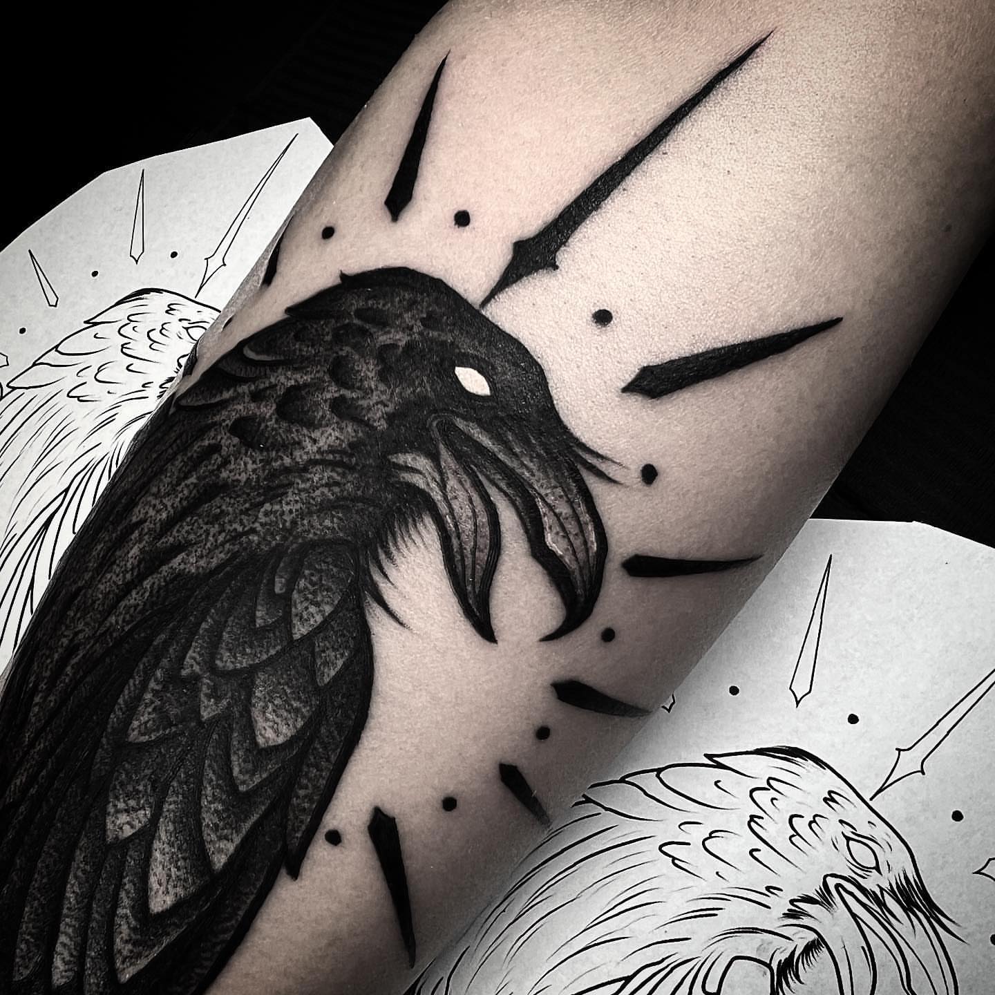 Crow dotwork tattoo on the forearm by Jared🗡Hughes