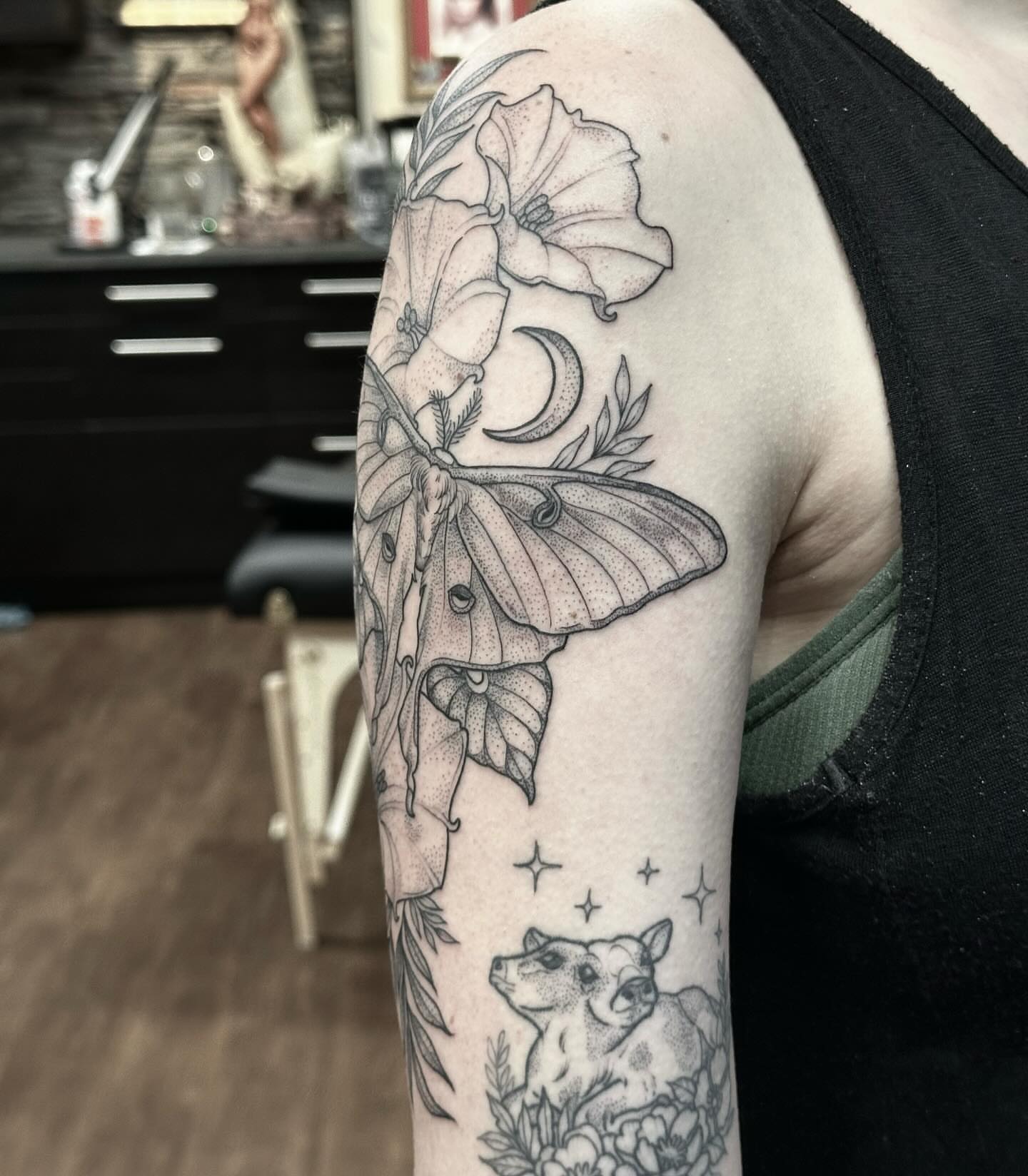 Tattoo by @kmarsdentattoos — dotwork, black_and_grey