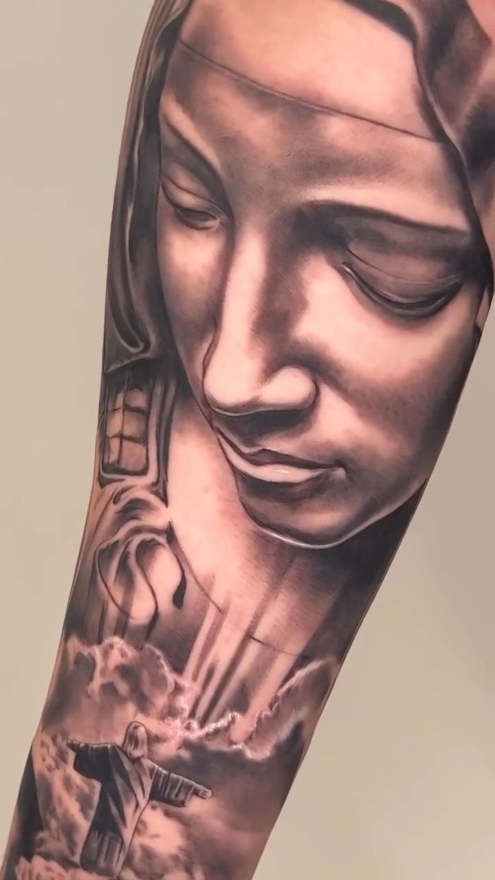 Virgin Mary and religious imagery realism tattoo by Sloe Rivera