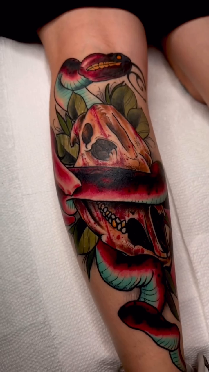 Snake and skull neo-traditional tattoo by E