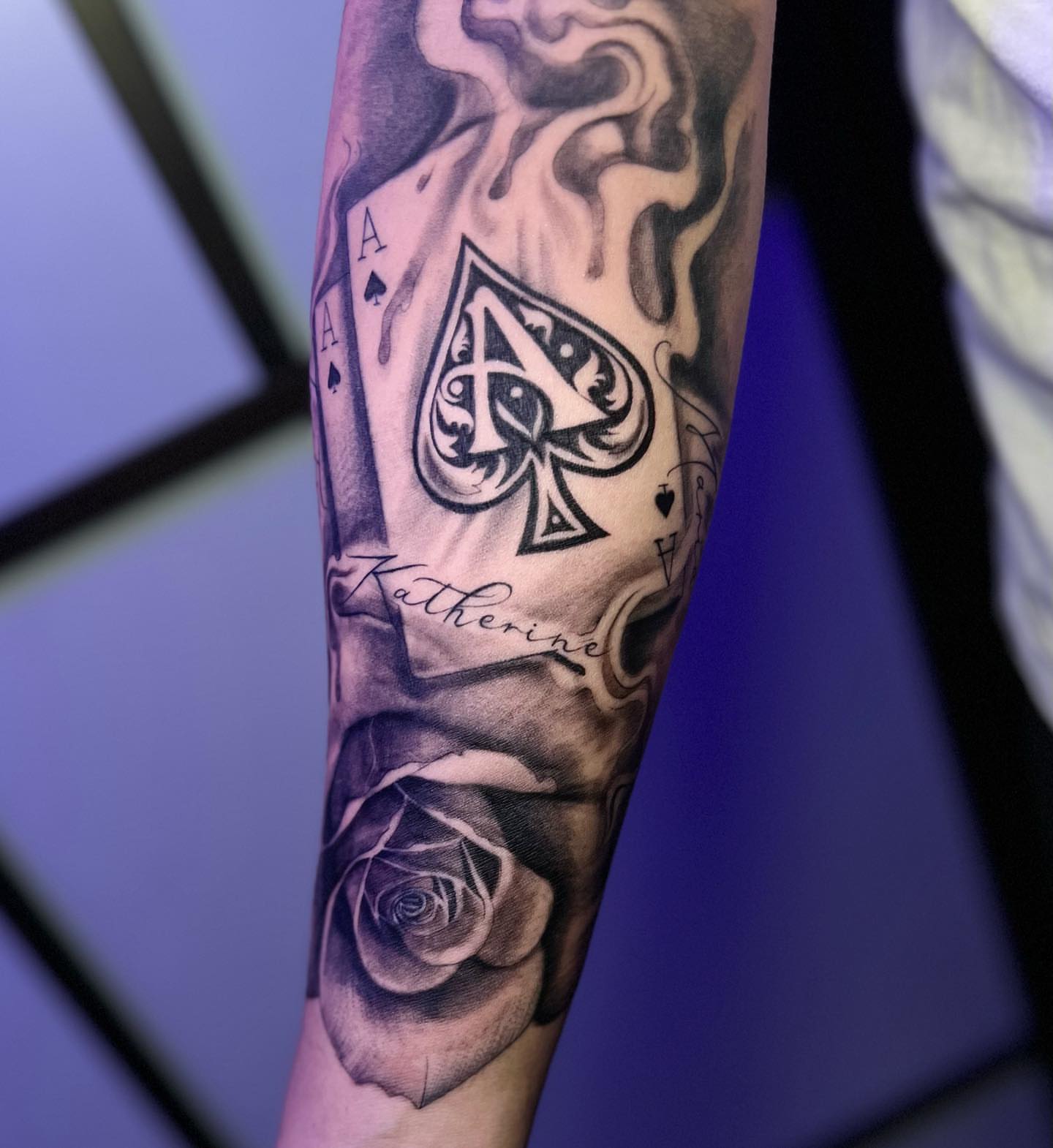Spade card and rose realism tattoo on the forearm by Nj Tattoo Artist Inkdyou, Bloomfield, New Jersey