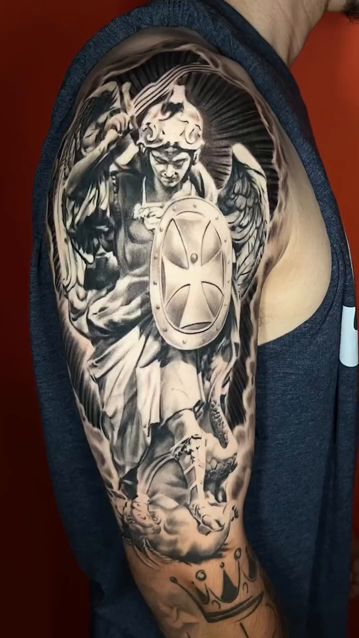 Angel with shield realism tattoo by Sloe Rivera