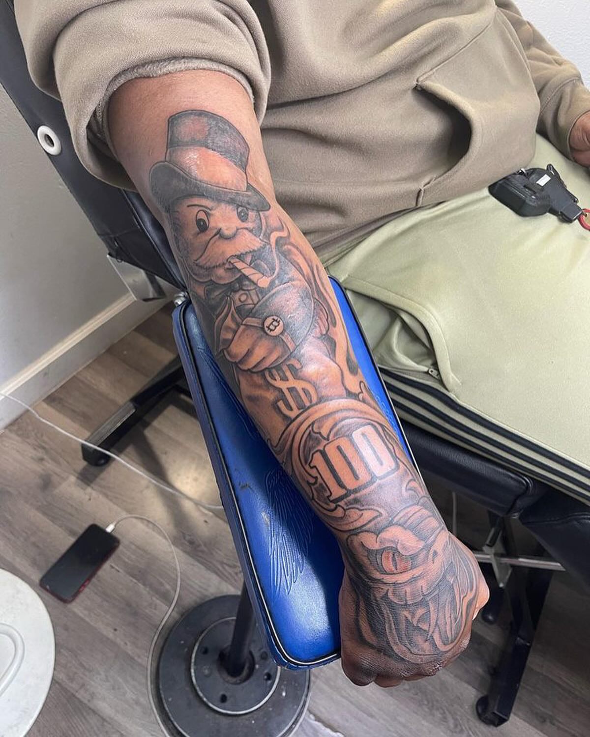 Monopoly man American traditional tattoo on the forearm by Azaan (Zanye), Birmingham, Alabama