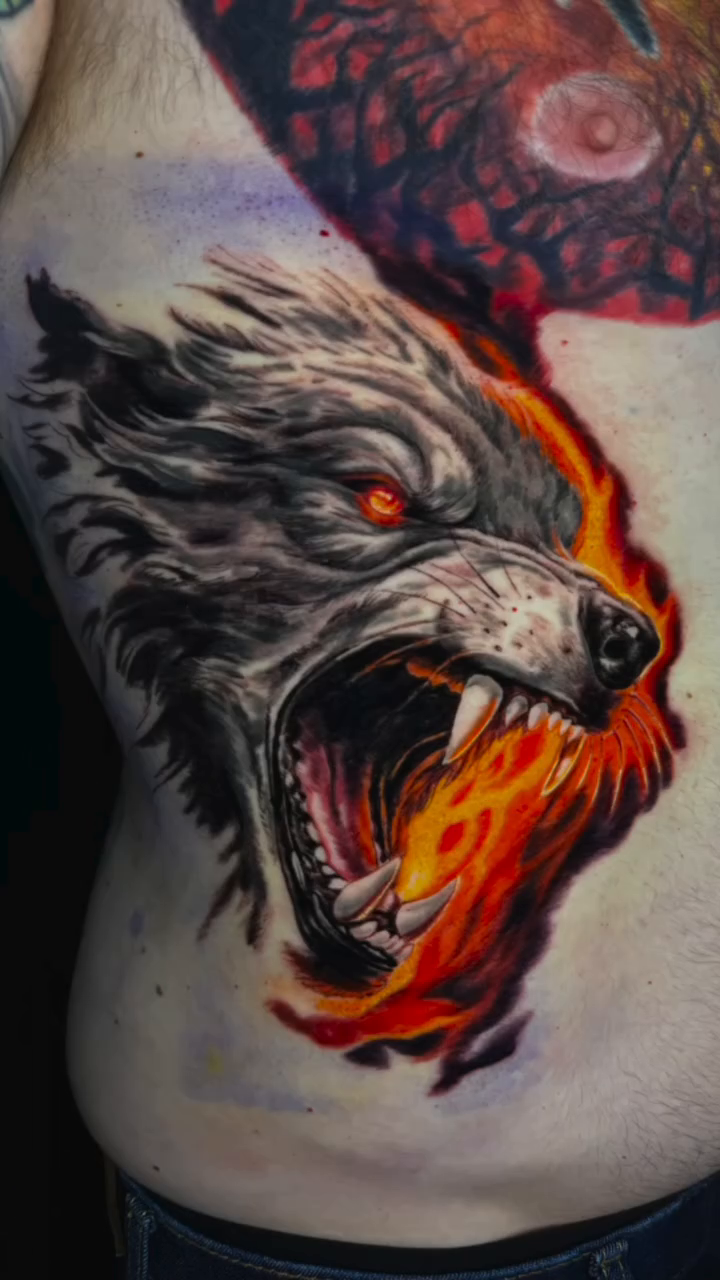 Wolf head with flames realism tattoo by Jamie Lee Parker
