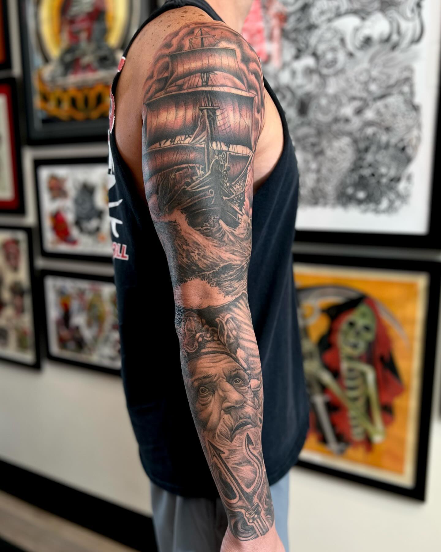 Ship sailing through storm realism tattoo on the forearm by Nick Bridwell, Downey, California