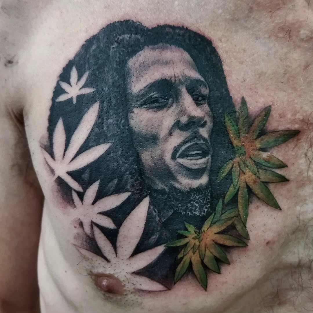 Bob Marley realism tattoo on the chest by Marquin π§π·