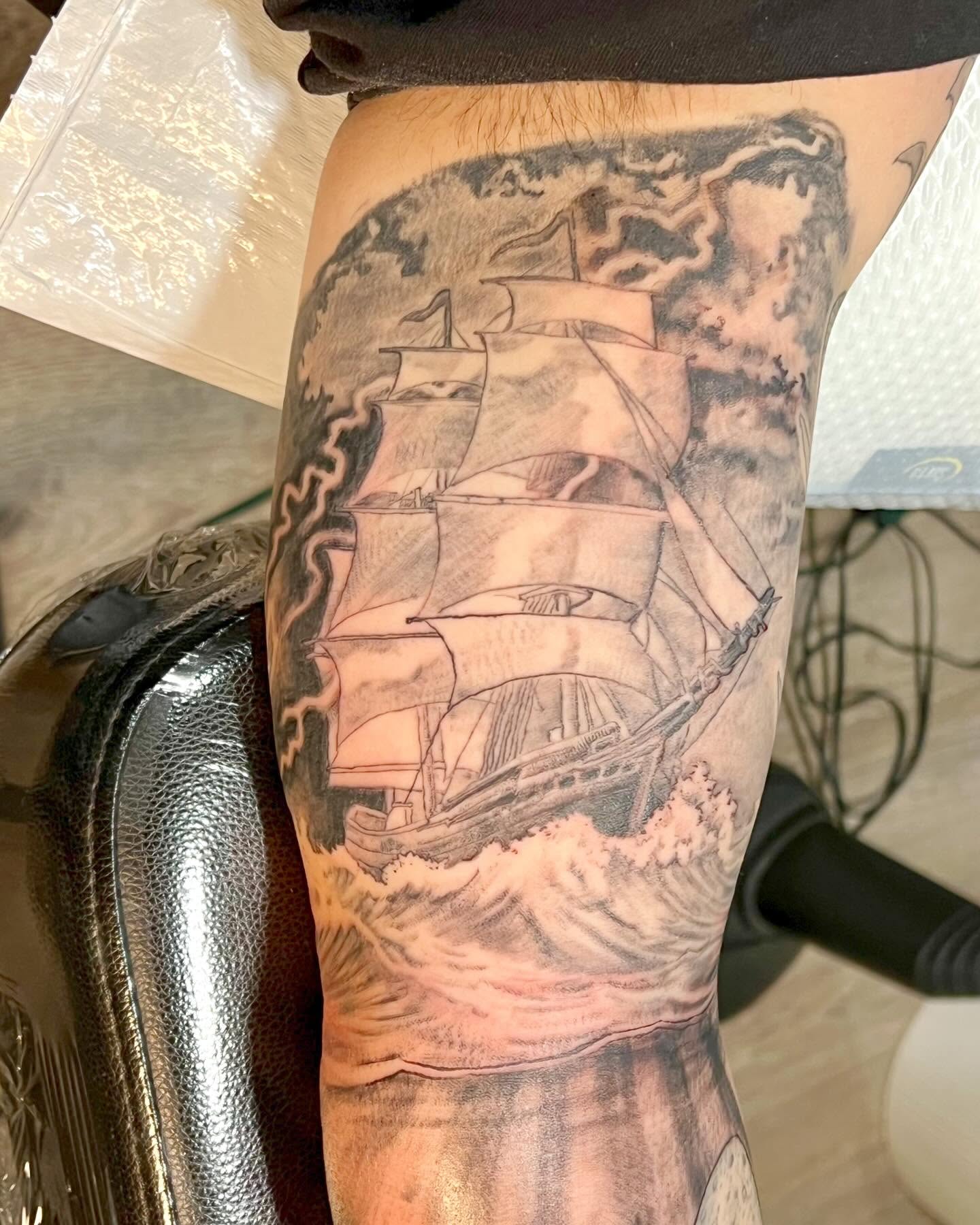 Ship sailing through waves realism tattoo on the forearm by Iconic Ink, Millbury, Massachusetts