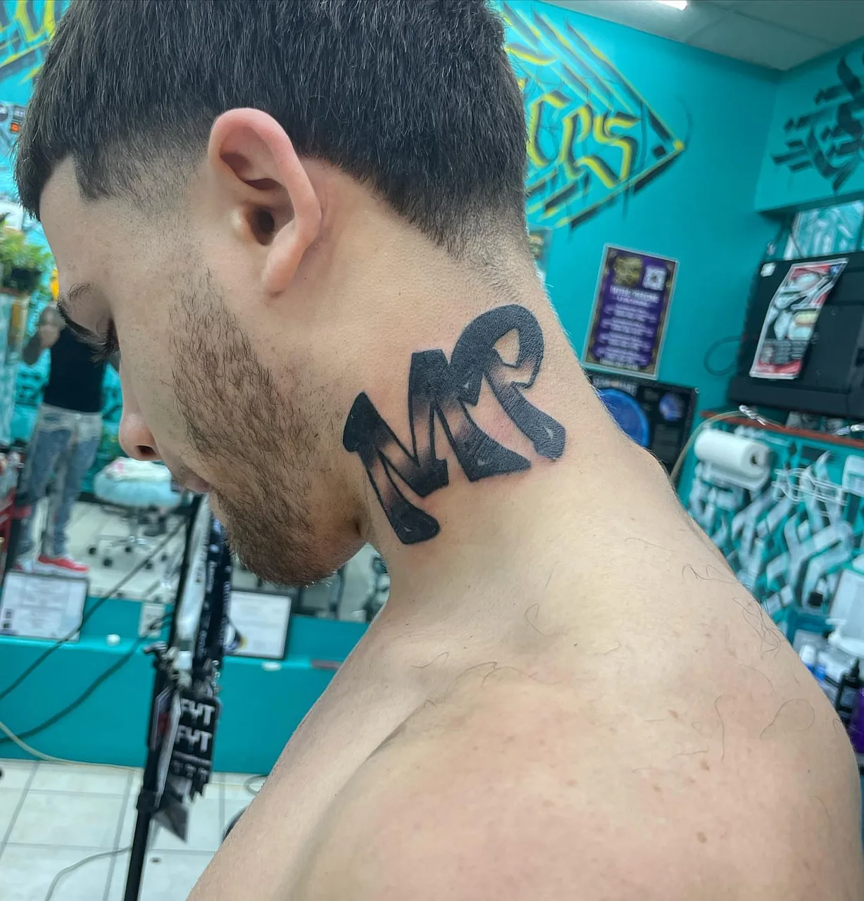 Lettering lettering script tattoo on the neck by lizzy, Damascus, Maryland