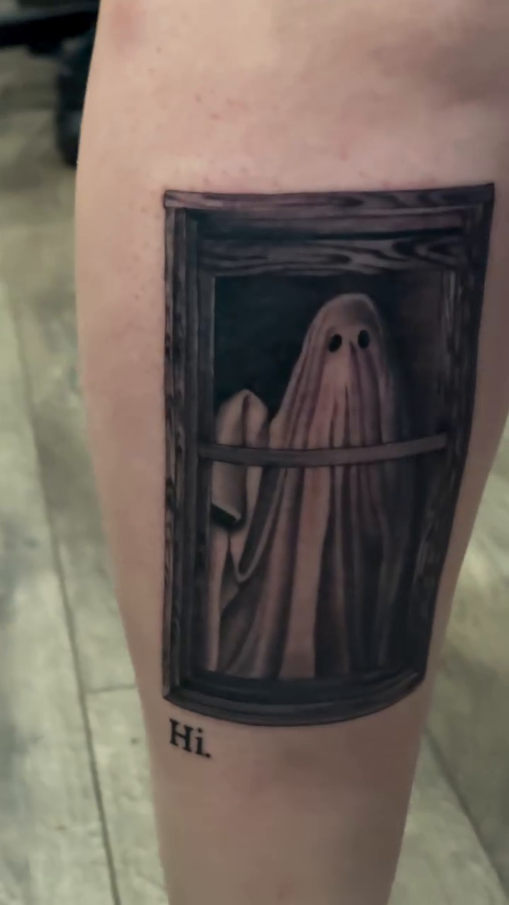 Ghost in a window realism tattoo by Ian Vanderwerff