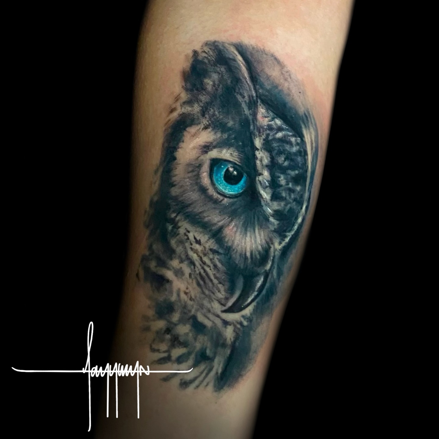 Owl realism tattoo on the forearm by Jazz