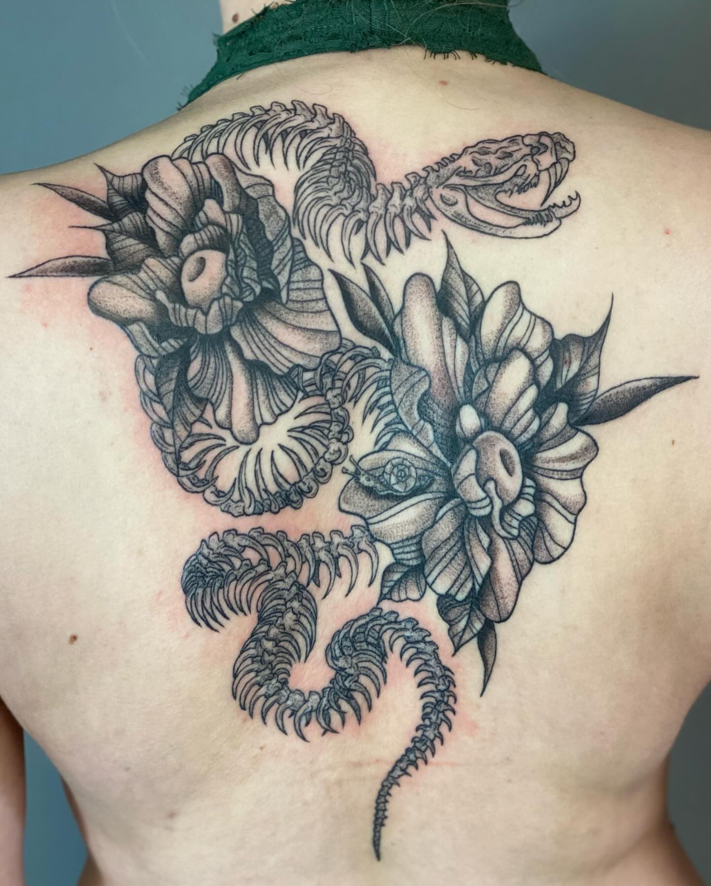 Snake and peony dotwork tattoo on the back by 𝕤𝕒𝕣𝕒𝕙 𝕞𝕠𝕣𝕒𝕟📌, Dayton, Ohio