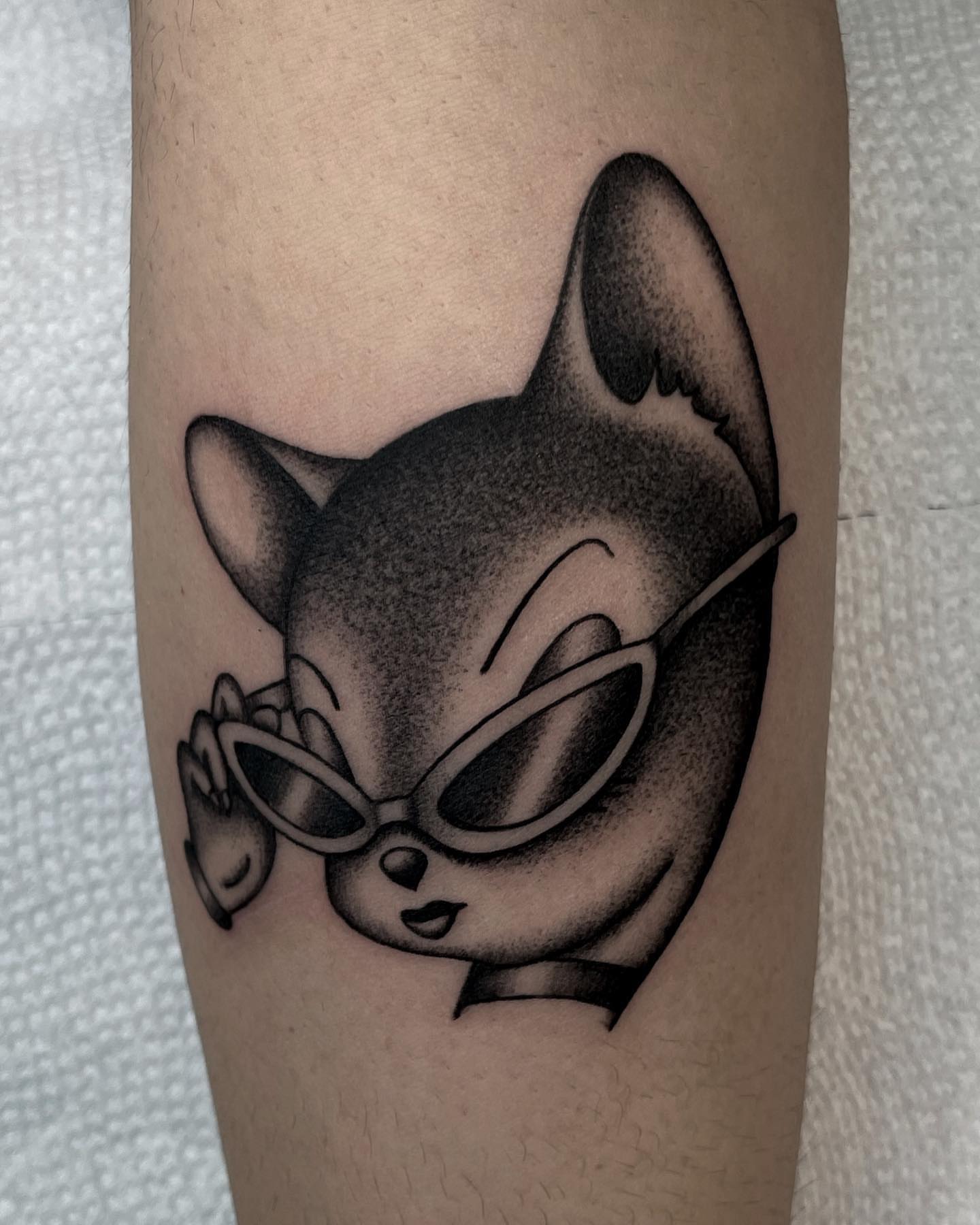 Cat wearing sunglasses dotwork tattoo on the forearm by Jenn ★ Reid