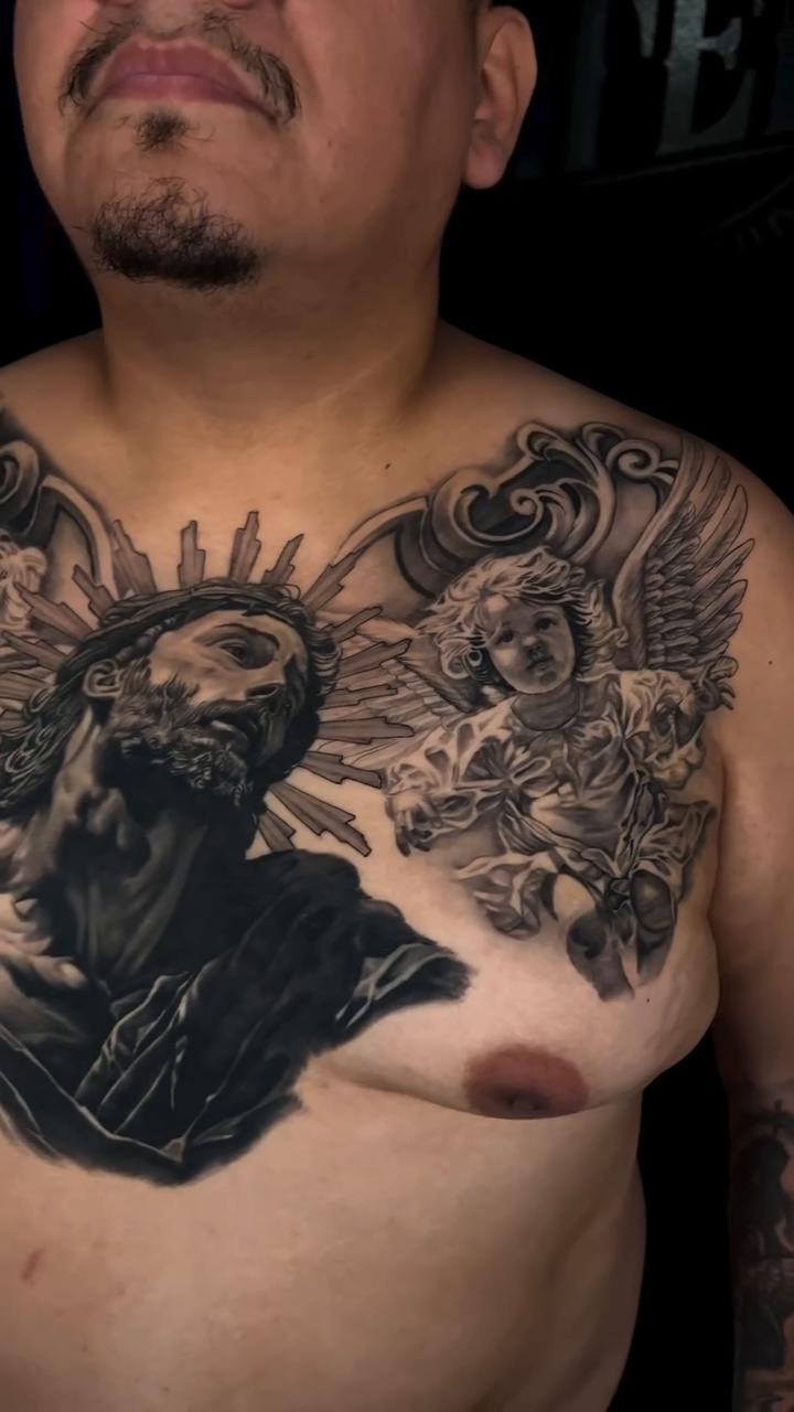 Jesus Christ with angelic figures realism tattoo by Brayan Molina